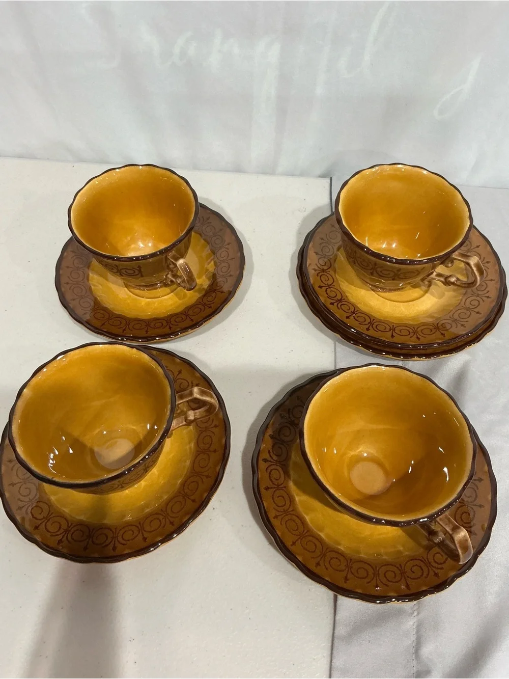 Amber Brown Ceramic Teacup and Saucer Set - 5pc